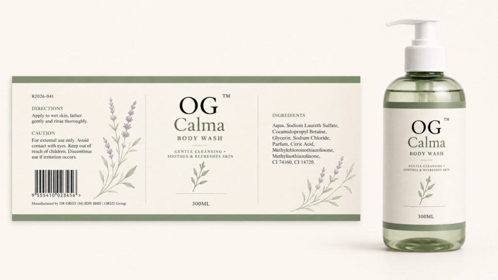 Calma Body Wash 300ml - ready-to-brand packaging and label layout, OEM private label Malaysia
