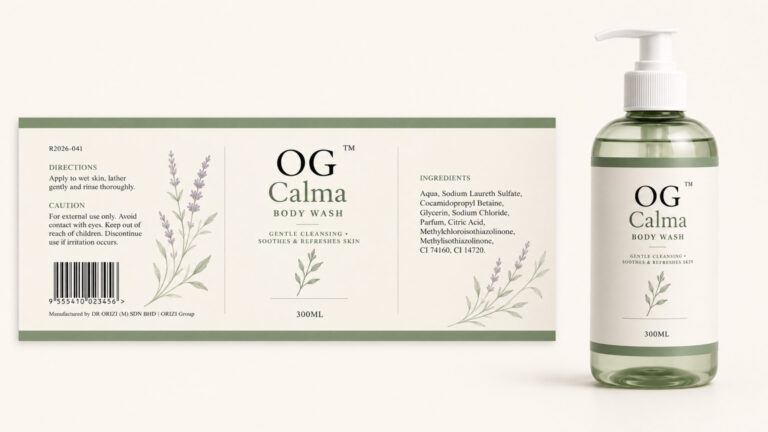 Calma Body Wash 300ml - ready-to-brand packaging and label layout, OEM private label Malaysia
