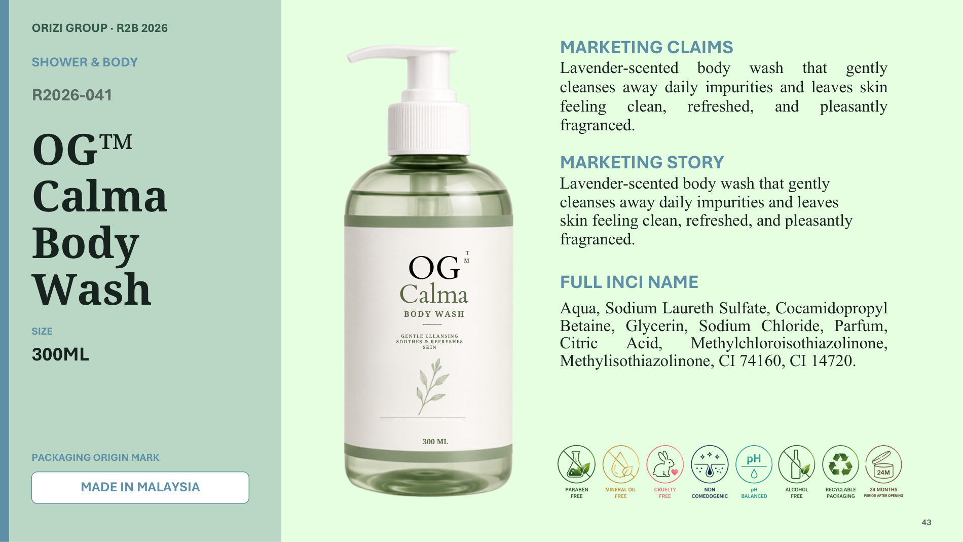 Calma Body Wash 300ml - R2B ready-to-brand product sheet, ORIZI Group Malaysia