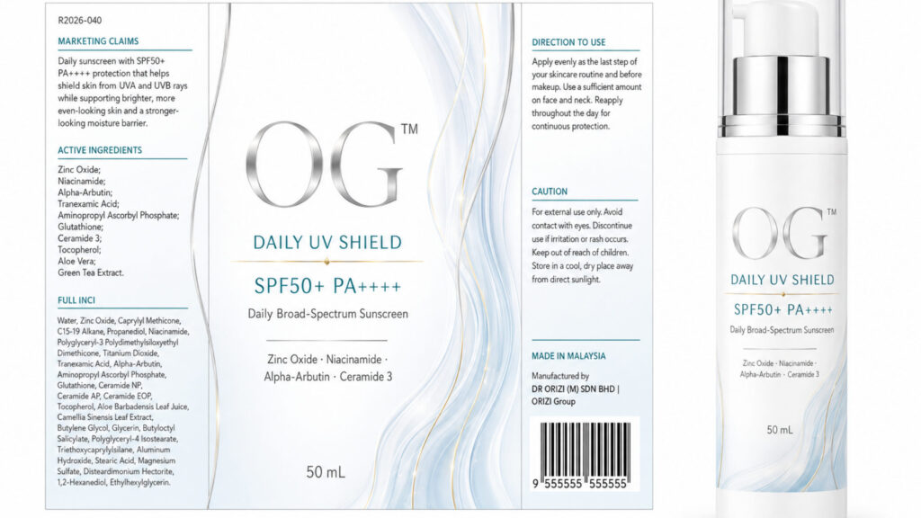 Daily UV Shield SPF50+ PA++++ 50ml - ready-to-brand packaging and label layout, OEM private label Malaysia