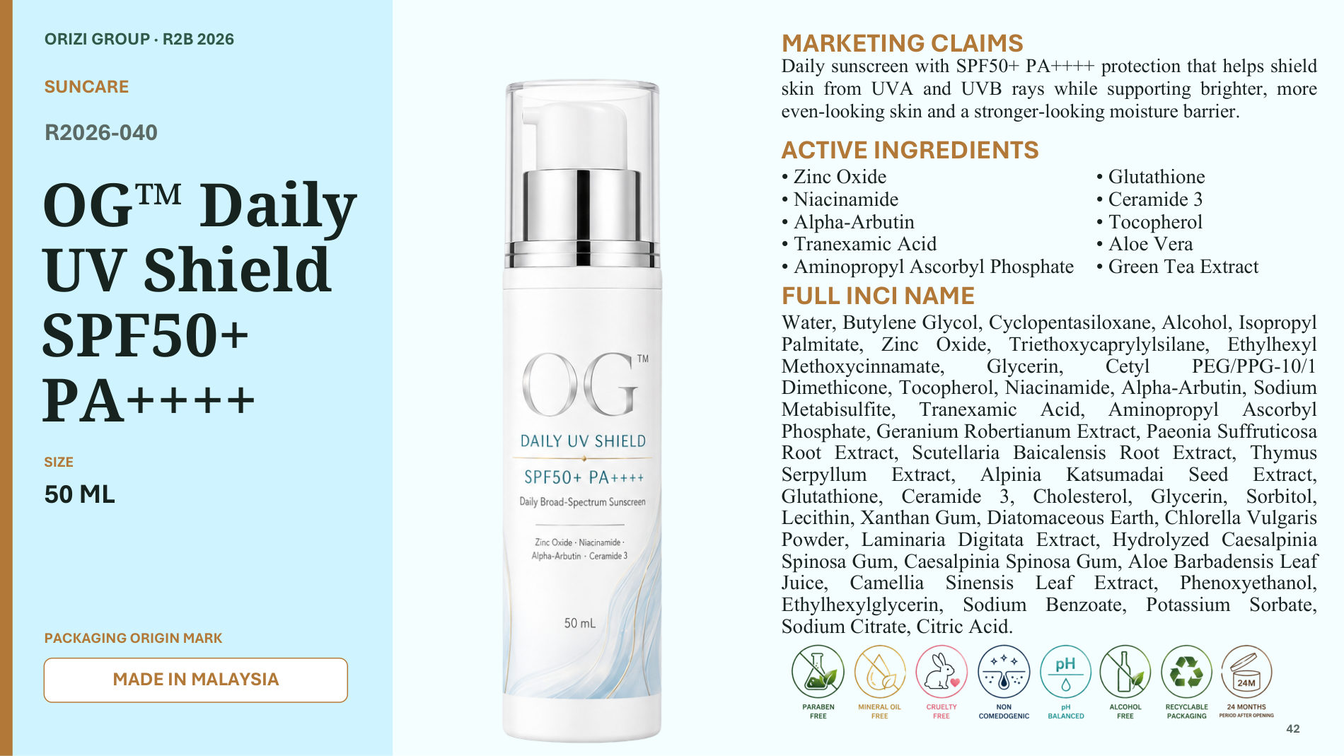 Daily UV Shield SPF50+ PA++++ 50ml - R2B ready-to-brand product sheet, ORIZI Group Malaysia