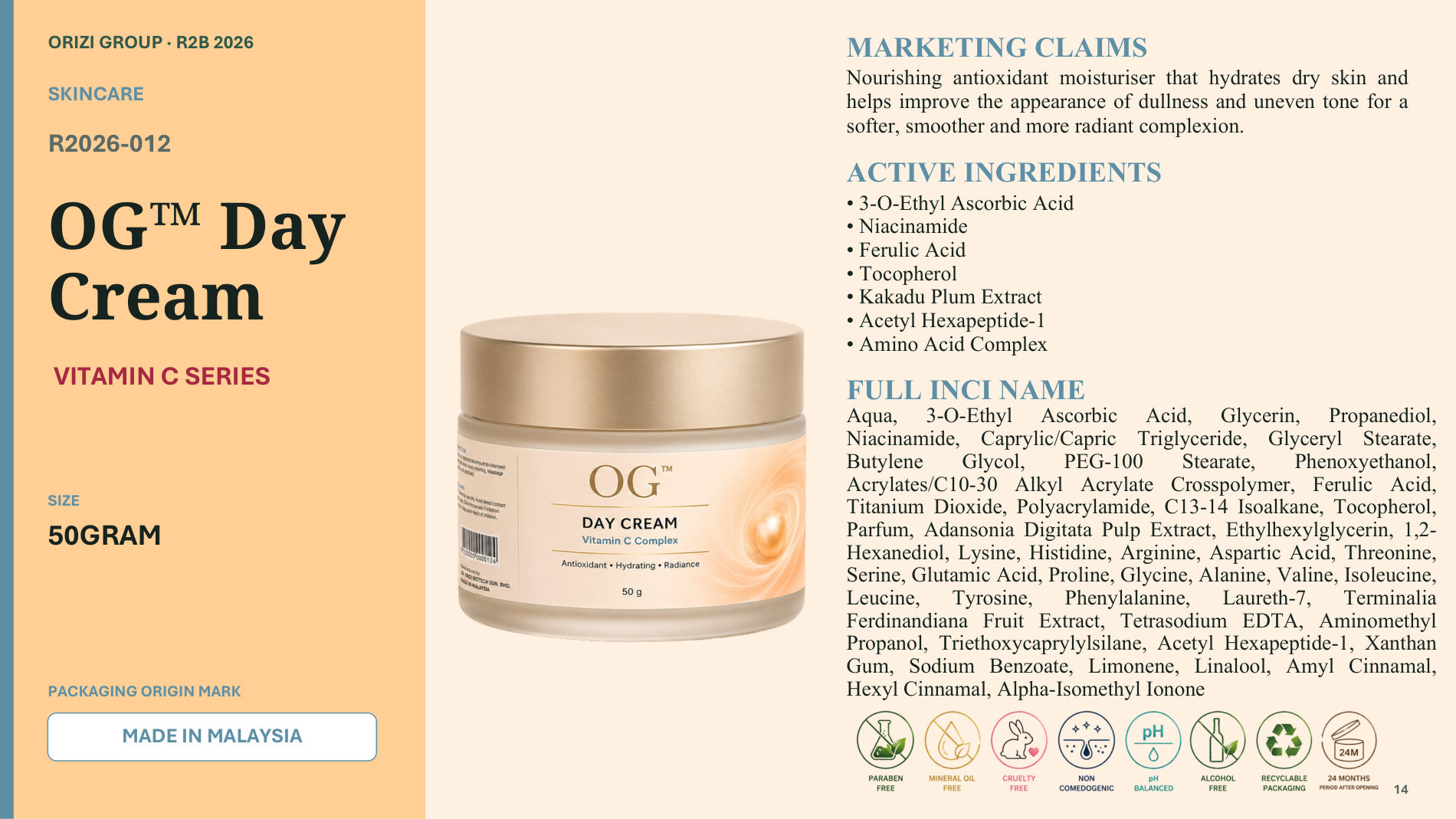 Day Cream 50g - R2B ready-to-brand product sheet, ORIZI Group Malaysia