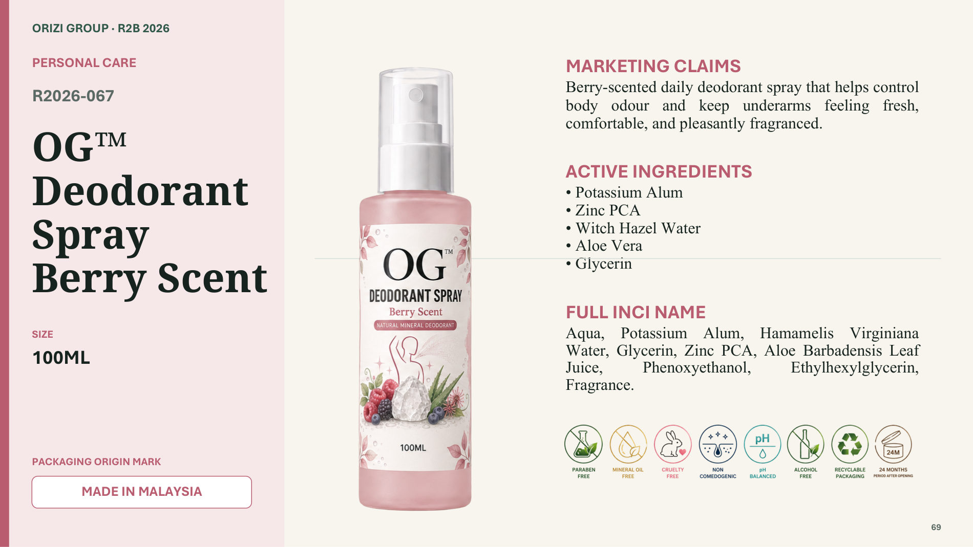 Deodorant Spray Berry Scent 100ml - R2B ready-to-brand product sheet, ORIZI Group Malaysia
