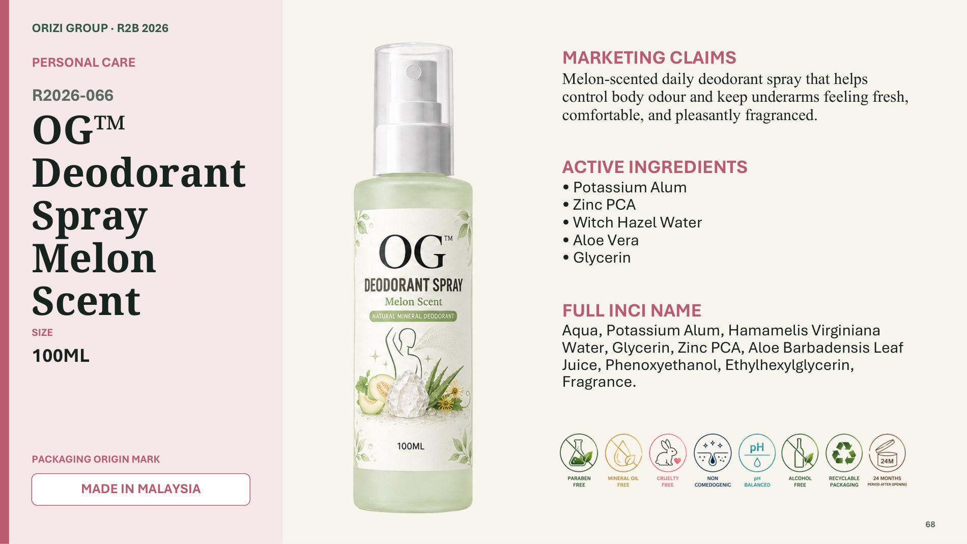 Deodorant Spray Melon Scent 100ml - R2B ready-to-brand product sheet, ORIZI Group Malaysia