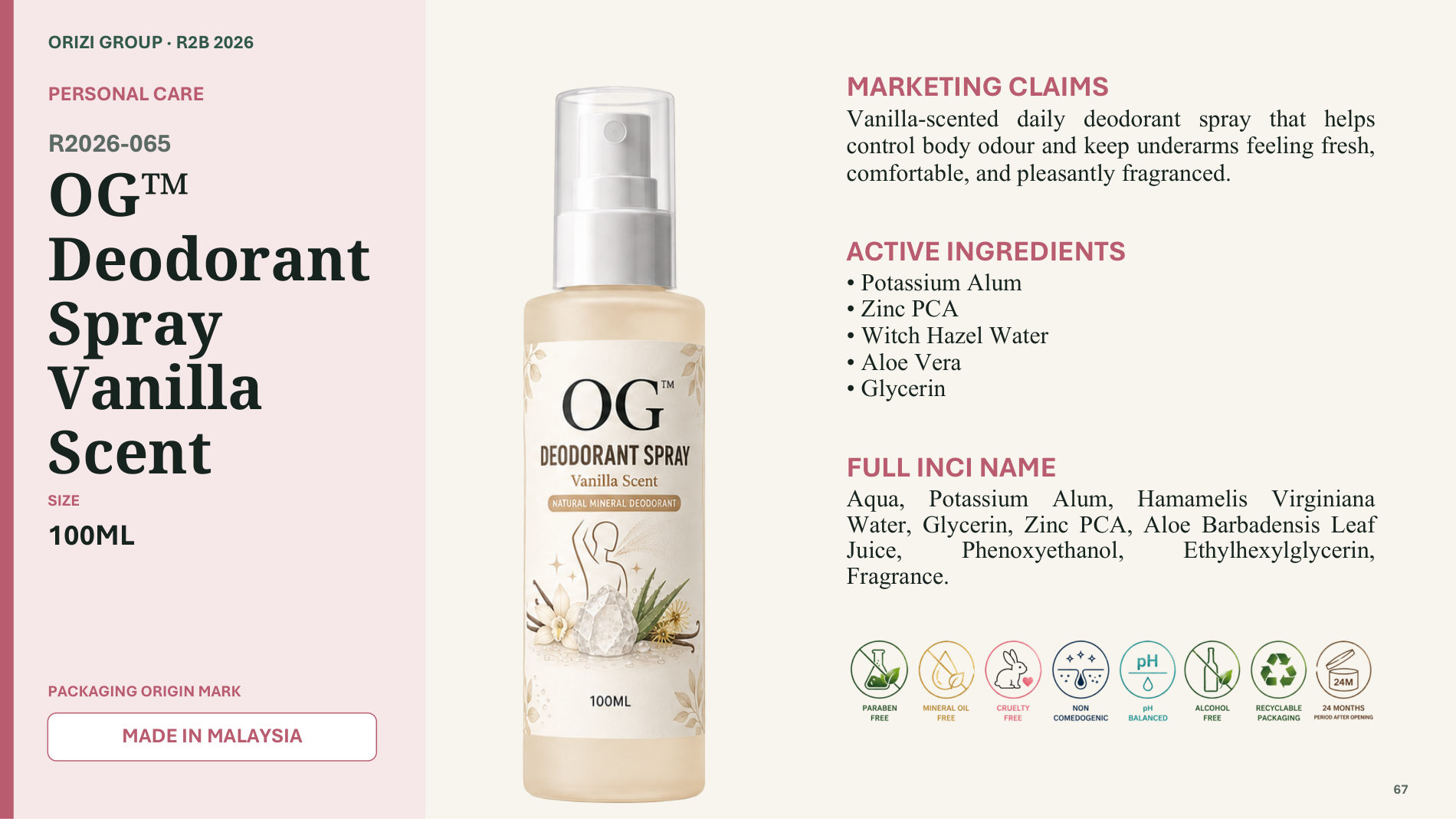 Deodorant Spray Vanilla Scent 100ml - R2B ready-to-brand product sheet, ORIZI Group Malaysia