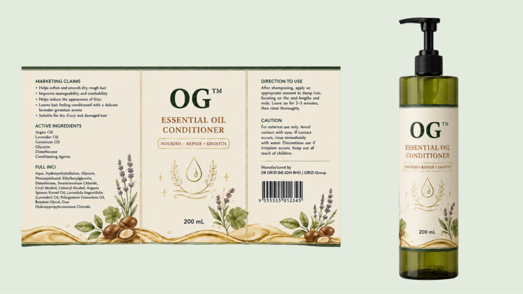 Essential Oil Conditioner 200ml - ready-to-brand packaging and label layout, OEM private label Malaysia
