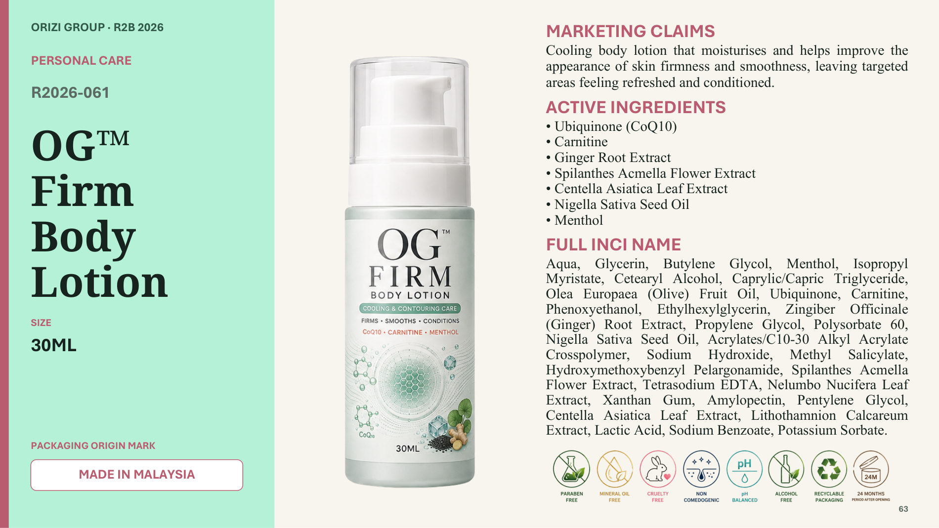 Firm Body Lotion 30ml - R2B ready-to-brand product sheet, ORIZI Group Malaysia