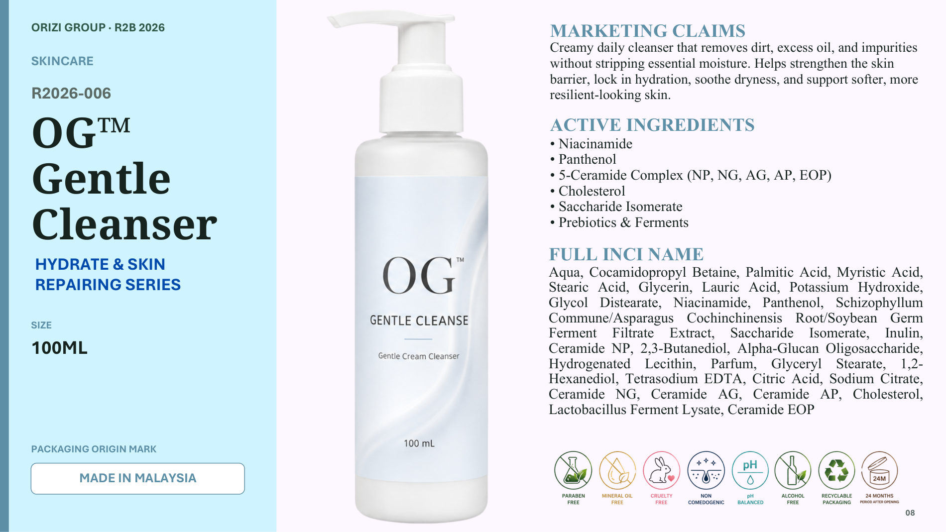 Gentle Cleanser 100ml - R2B ready-to-brand product sheet, ORIZI Group Malaysia