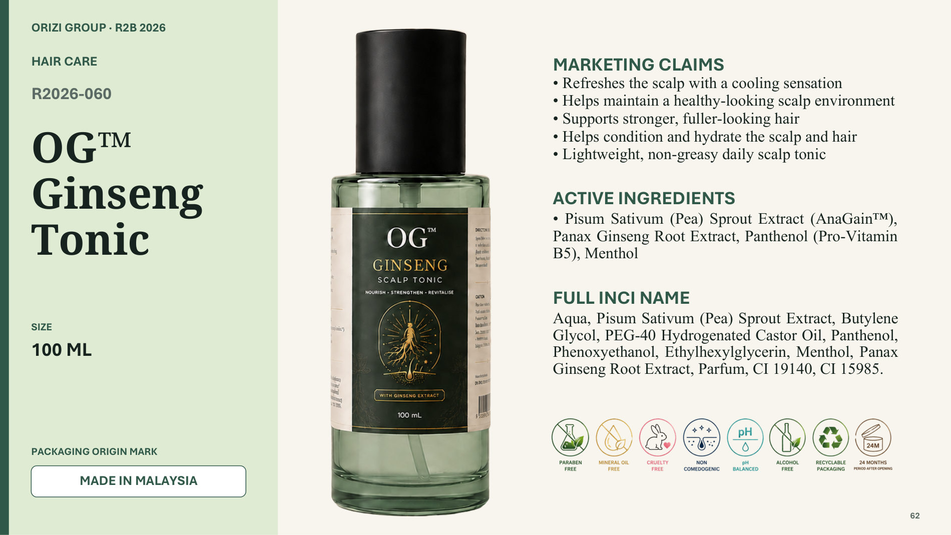 Ginseng Tonic 100ml - R2B ready-to-brand product sheet, ORIZI Group Malaysia