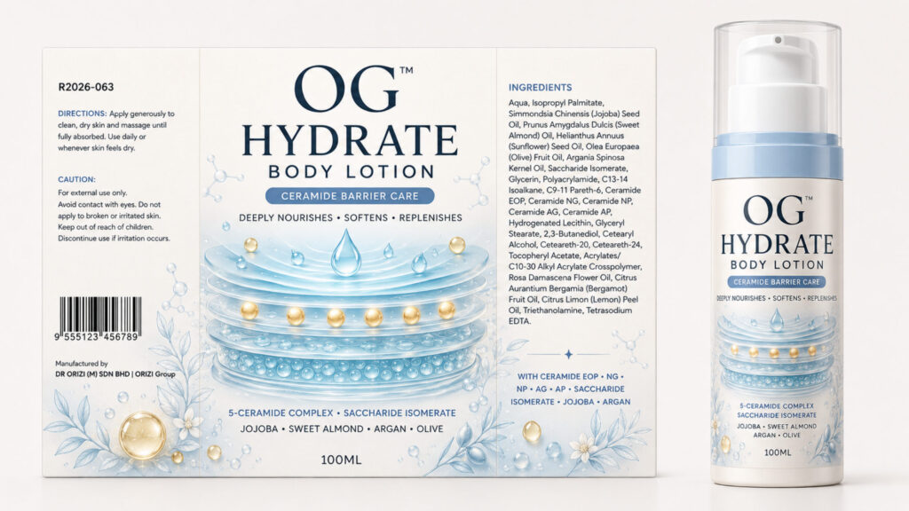 Hydrate Body Lotion 100ml - ready-to-brand packaging and label layout, OEM private label Malaysia