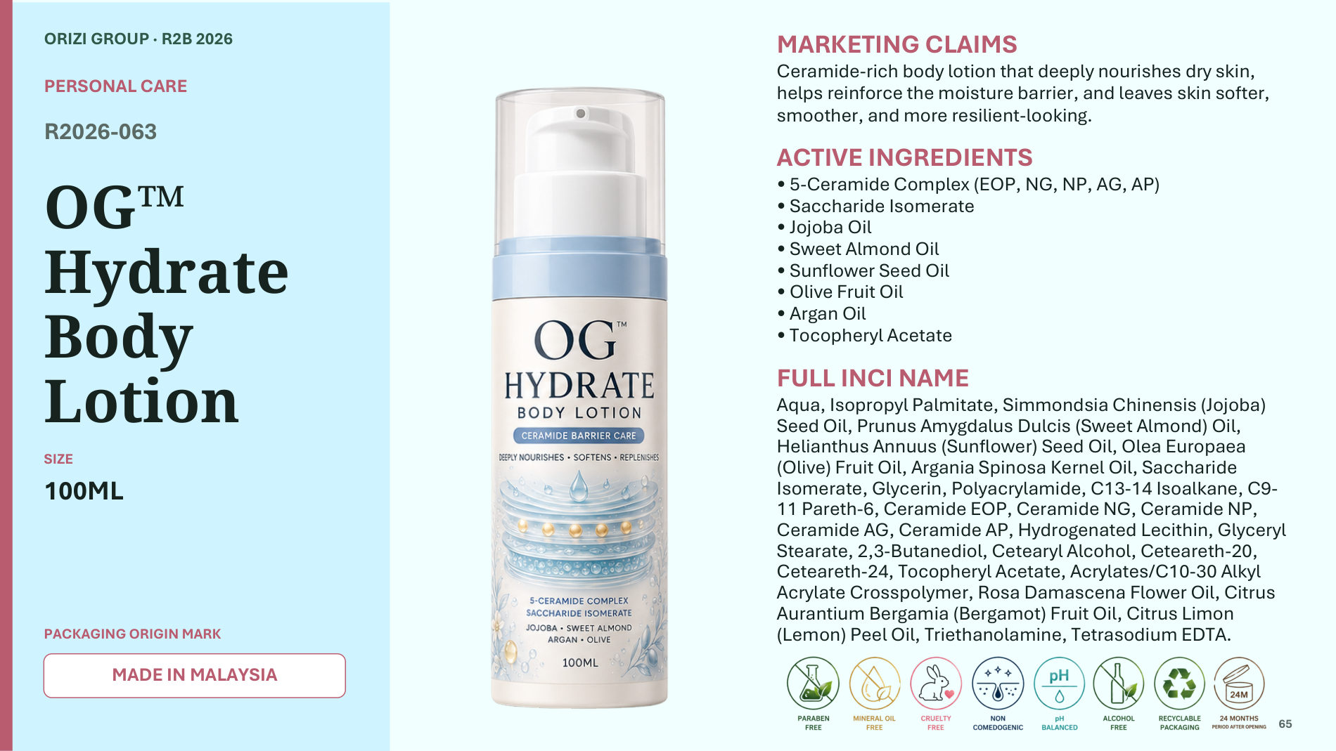 Hydrate Body Lotion 100ml - R2B ready-to-brand product sheet, ORIZI Group Malaysia