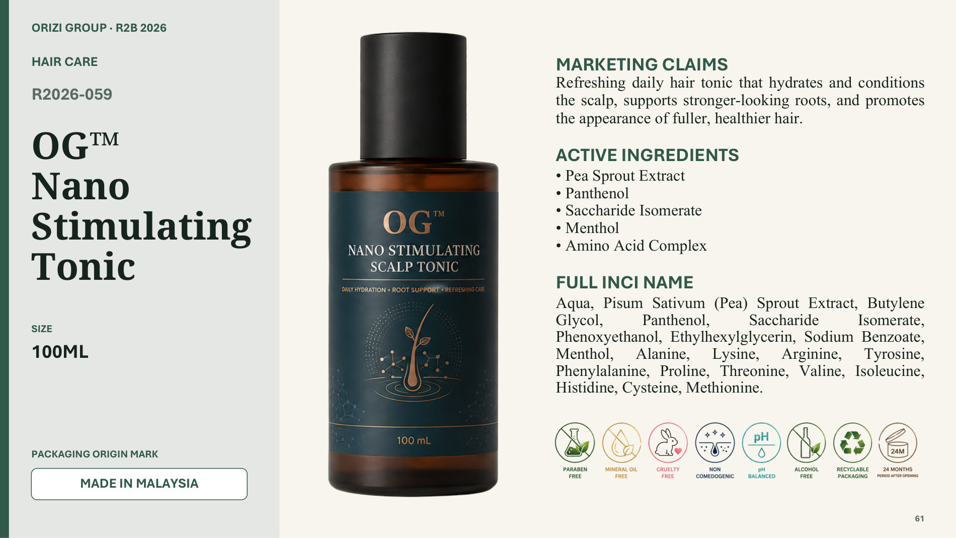 Nano Stimulating Tonic 100ml - R2B ready-to-brand product sheet, ORIZI Group Malaysia