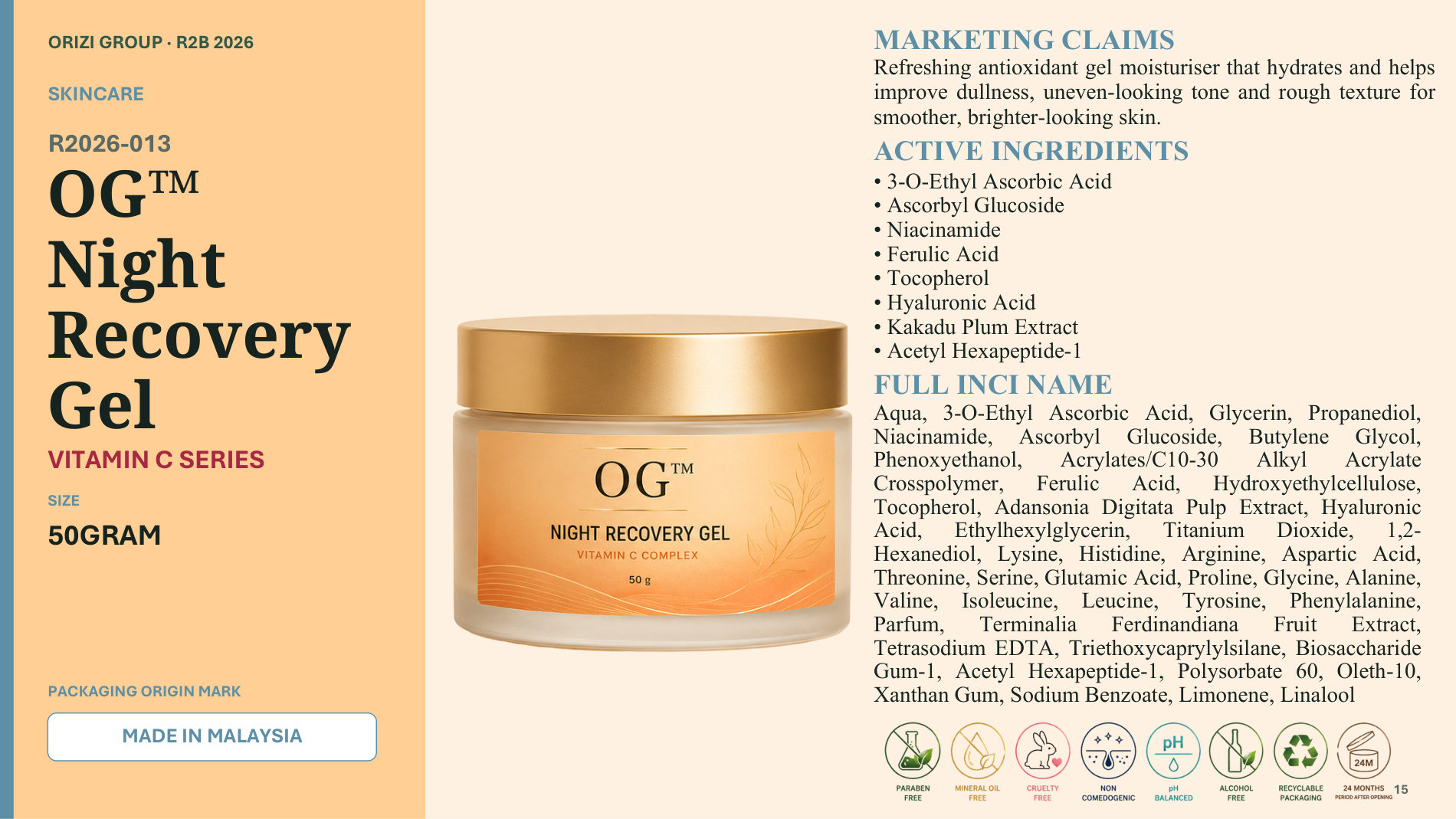 Night Recovery Gel 50g - R2B ready-to-brand product sheet, ORIZI Group Malaysia