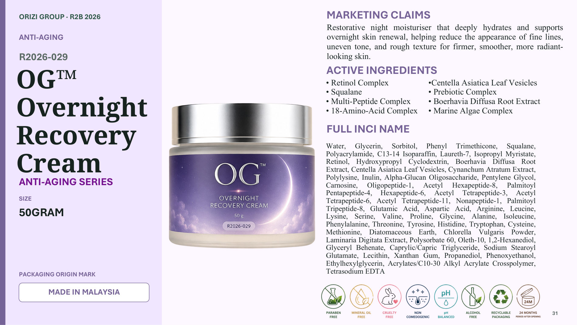 Overnight Recovery Cream 50g - R2B ready-to-brand product sheet, ORIZI Group Malaysia
