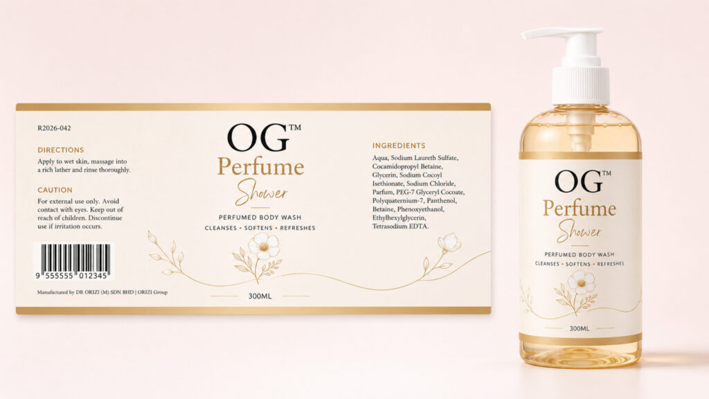 Perfume Shower 300ml - ready-to-brand packaging and label layout, OEM private label Malaysia