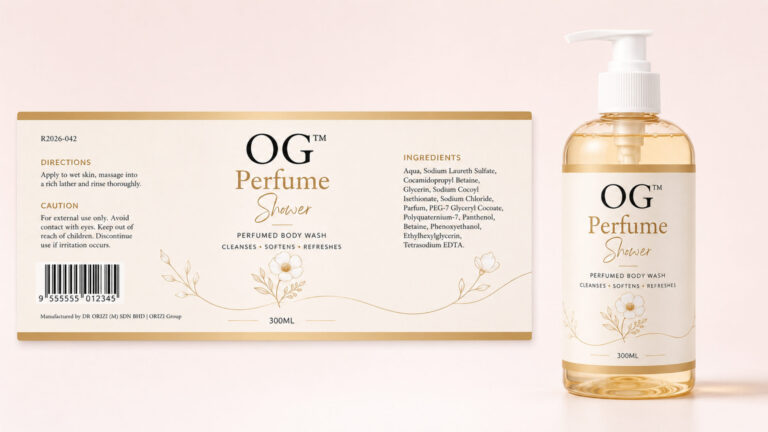 Perfume Shower 300ml - ready-to-brand packaging and label layout, OEM private label Malaysia