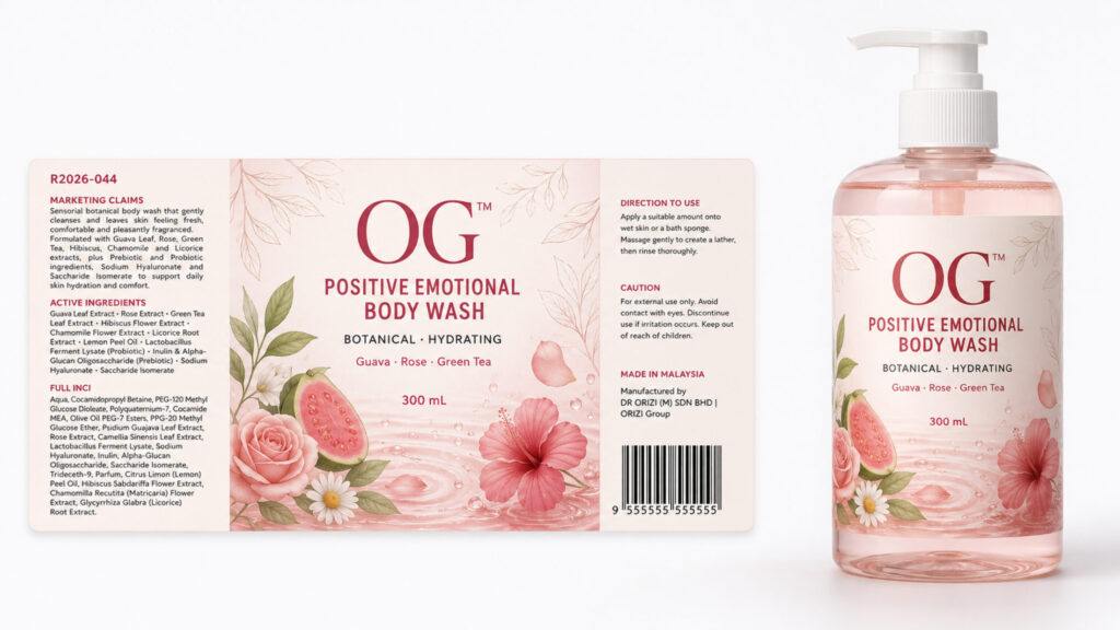 Positive Emotional Body Wash 300ml - ready-to-brand packaging and label layout, OEM private label Malaysia