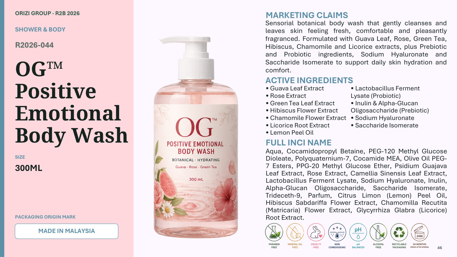 Positive Emotional Body Wash 300ml - R2B ready-to-brand product sheet, ORIZI Group Malaysia