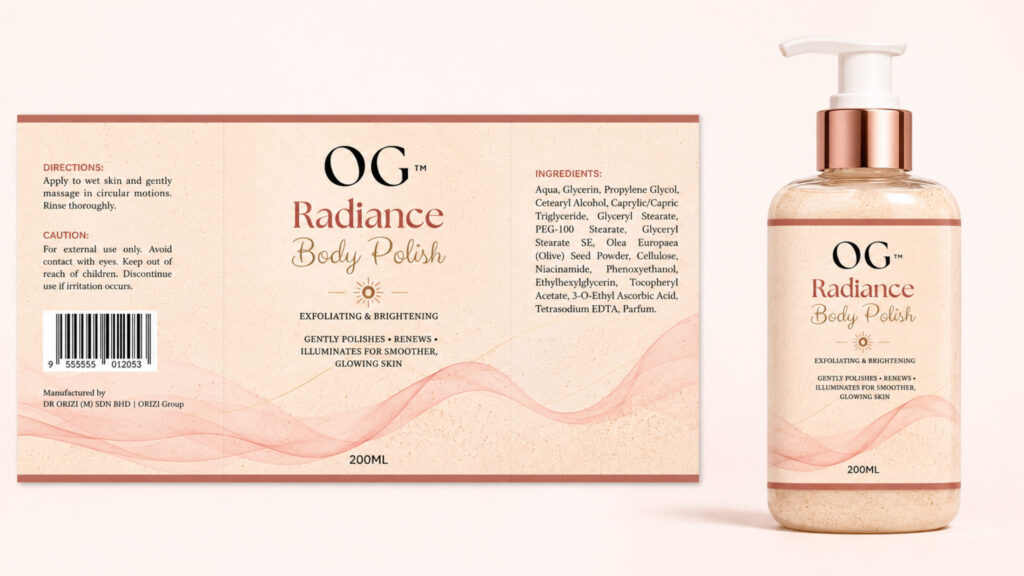 Radiance Body Polish 200ml - ready-to-brand packaging and label layout, OEM private label Malaysia