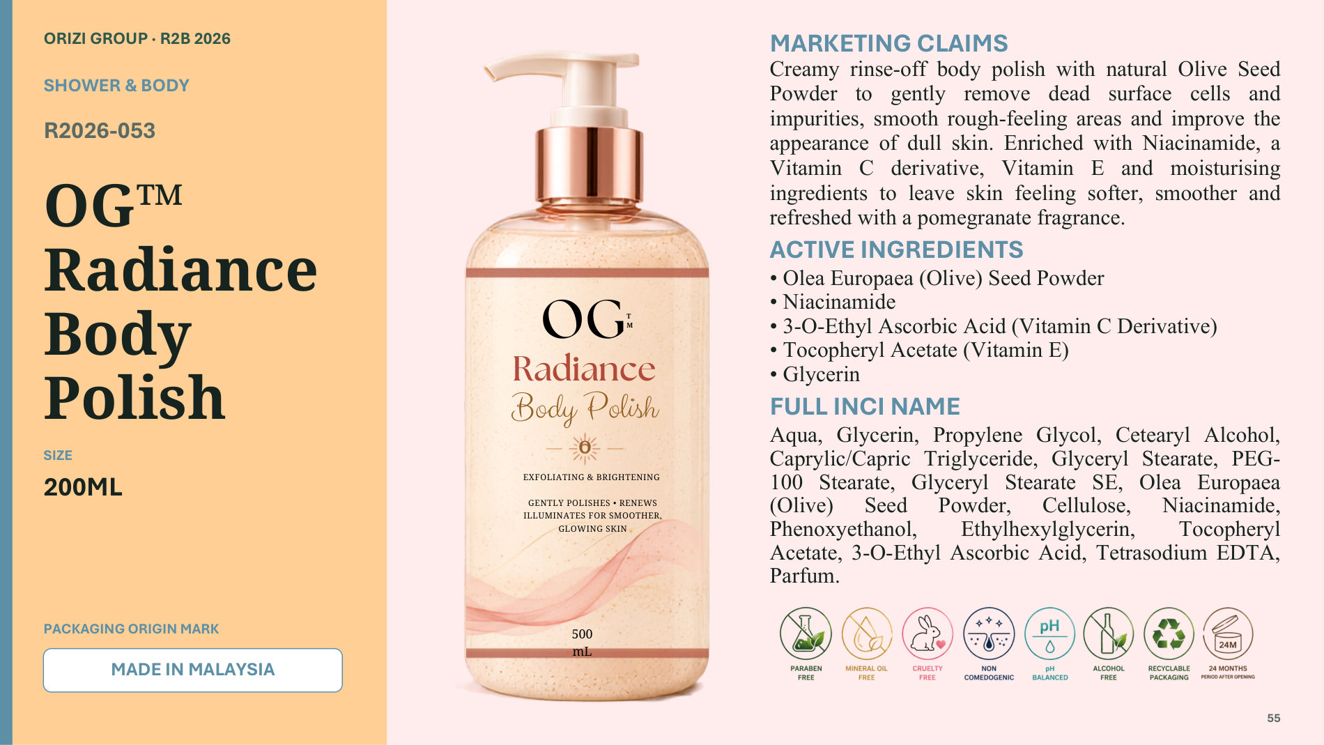 Radiance Body Polish 200ml - R2B ready-to-brand product sheet, ORIZI Group Malaysia