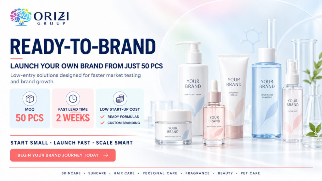 ORIZI Group Ready-to-Brand 2026 catalogue: launch your own brand from 50 pieces in about 2 weeks