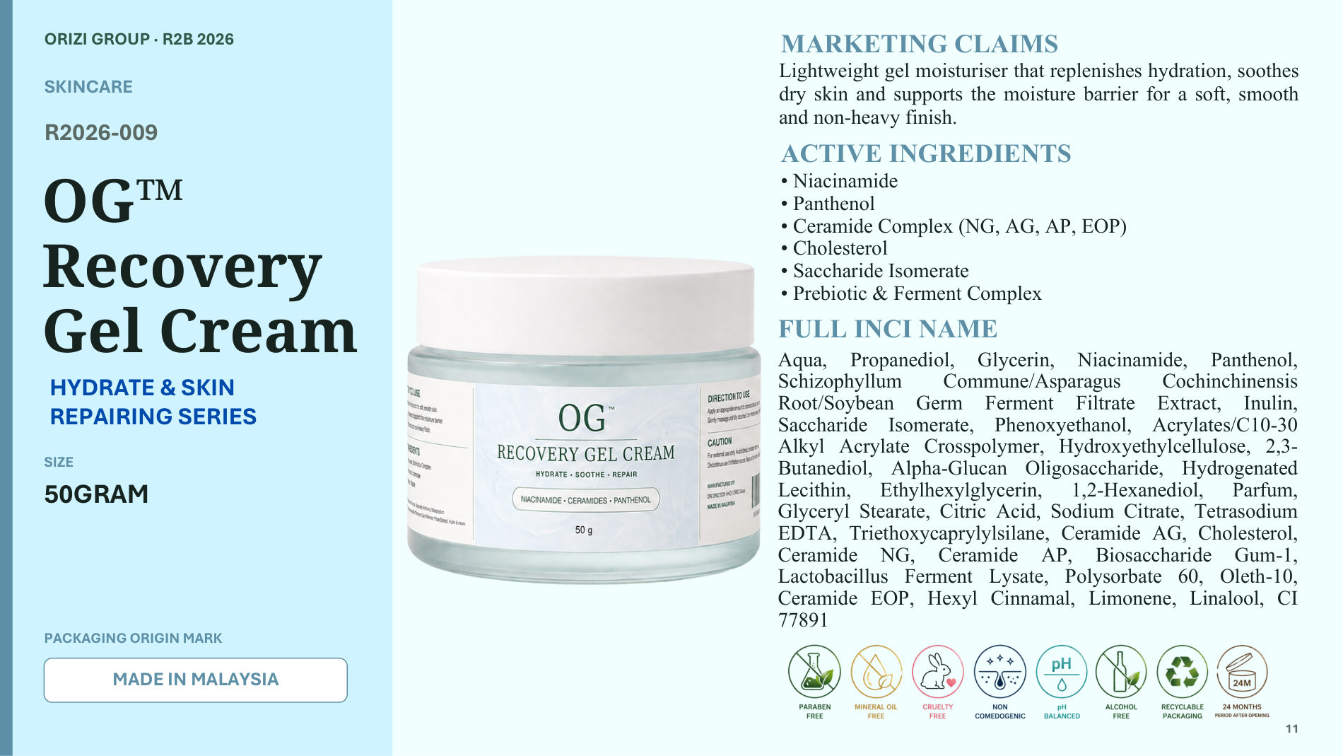 Recovery Gel Cream 50g - R2B ready-to-brand product sheet, ORIZI Group Malaysia