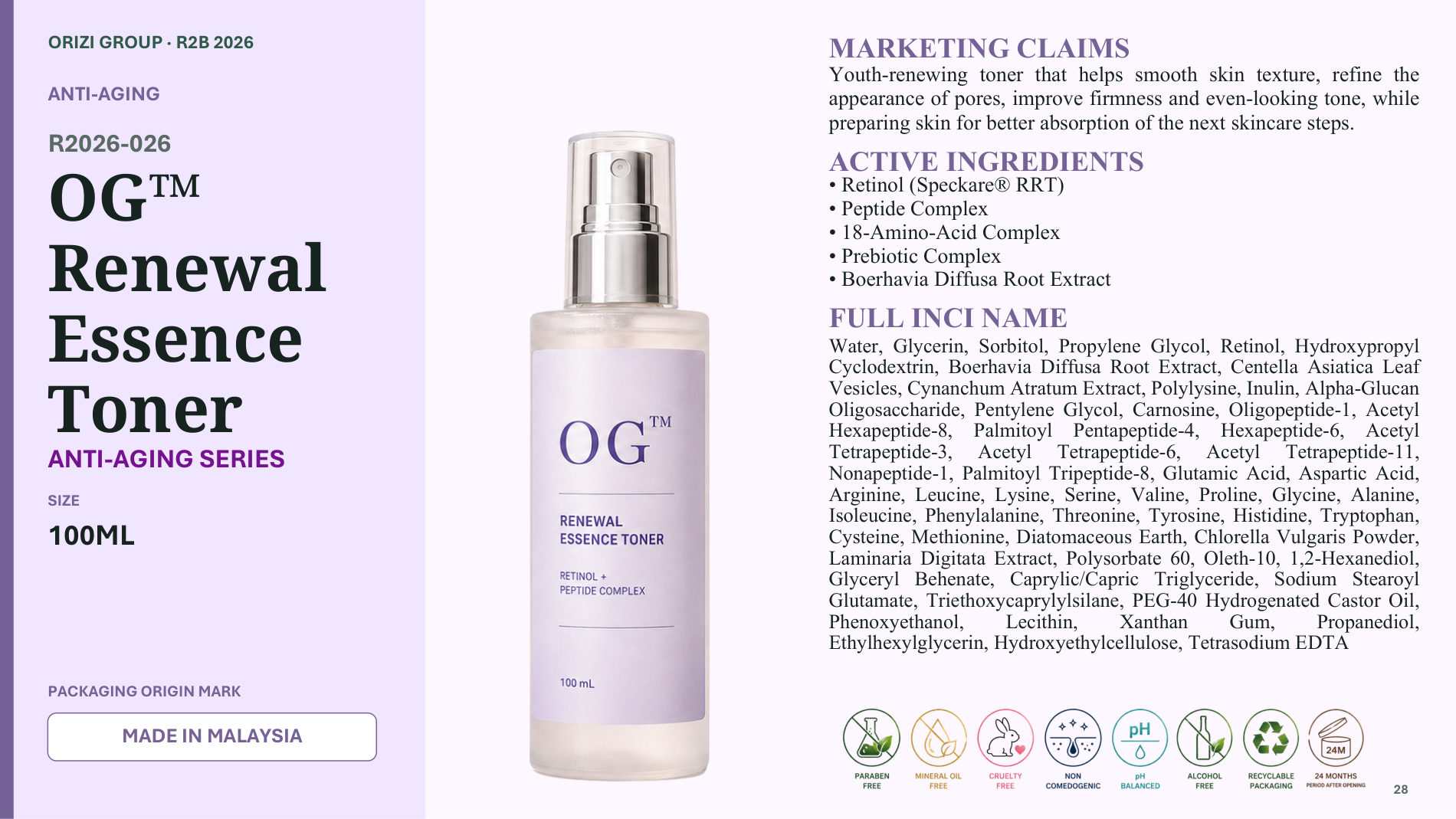 Renewal Essence Toner 100ml - R2B ready-to-brand product sheet, ORIZI Group Malaysia