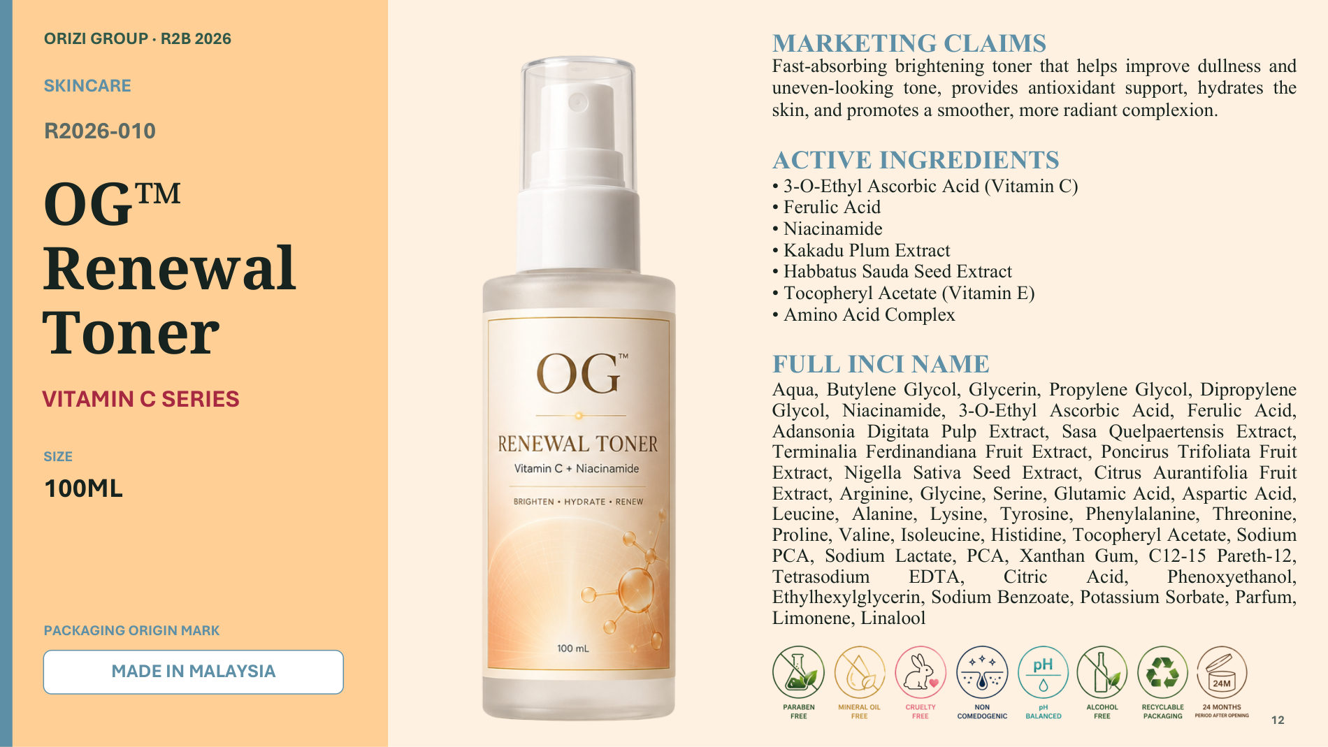 Renewal Toner 100ml - R2B ready-to-brand product sheet, ORIZI Group Malaysia