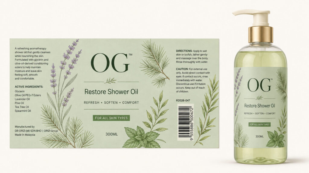 Restore Shower Oil 300ml - ready-to-brand packaging and label layout, OEM private label Malaysia