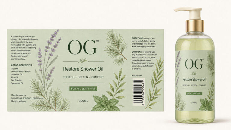 Restore Shower Oil 300ml - ready-to-brand packaging and label layout, OEM private label Malaysia
