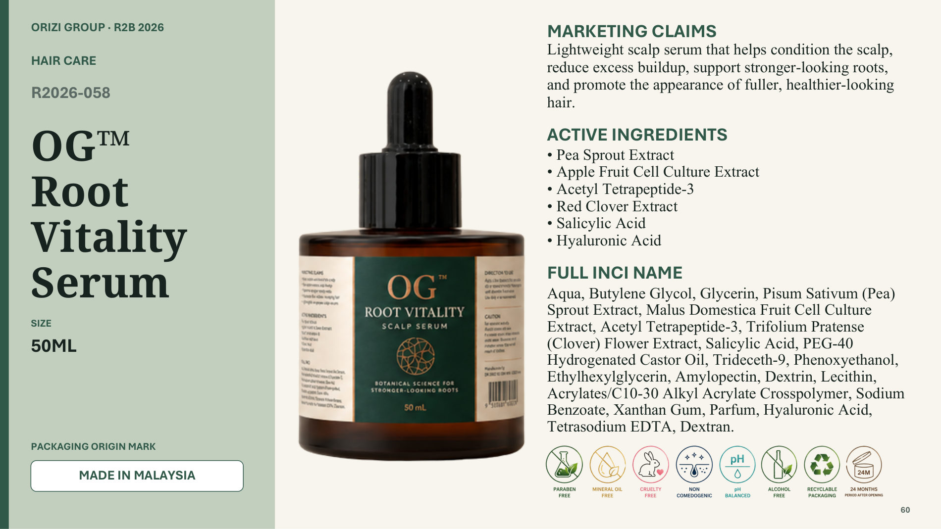 Root Vitality Serum 50ml - R2B ready-to-brand product sheet, ORIZI Group Malaysia