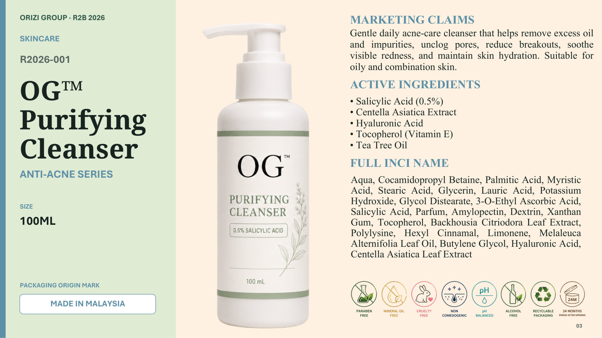 R2B skincare SKU: purifying acne-care cleanser 100ml with 0.5% salicylic acid and full INCI