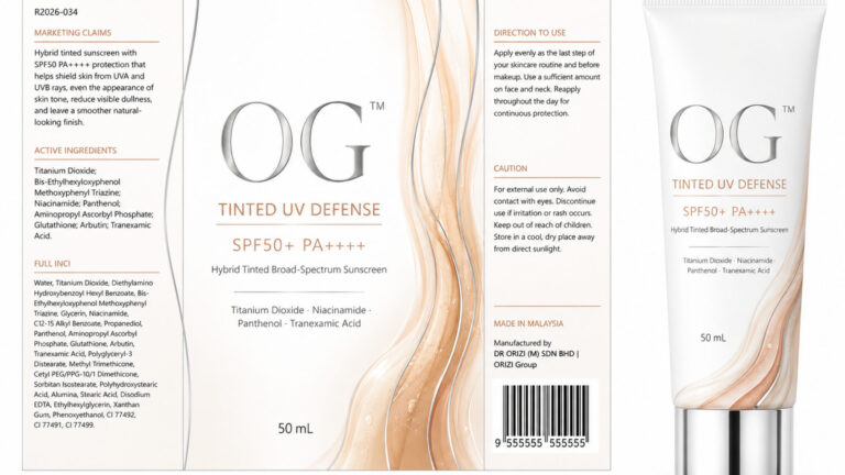Tinted UV Defense SPF50+ PA++++ 50ml - ready-to-brand packaging and label layout, OEM private label Malaysia