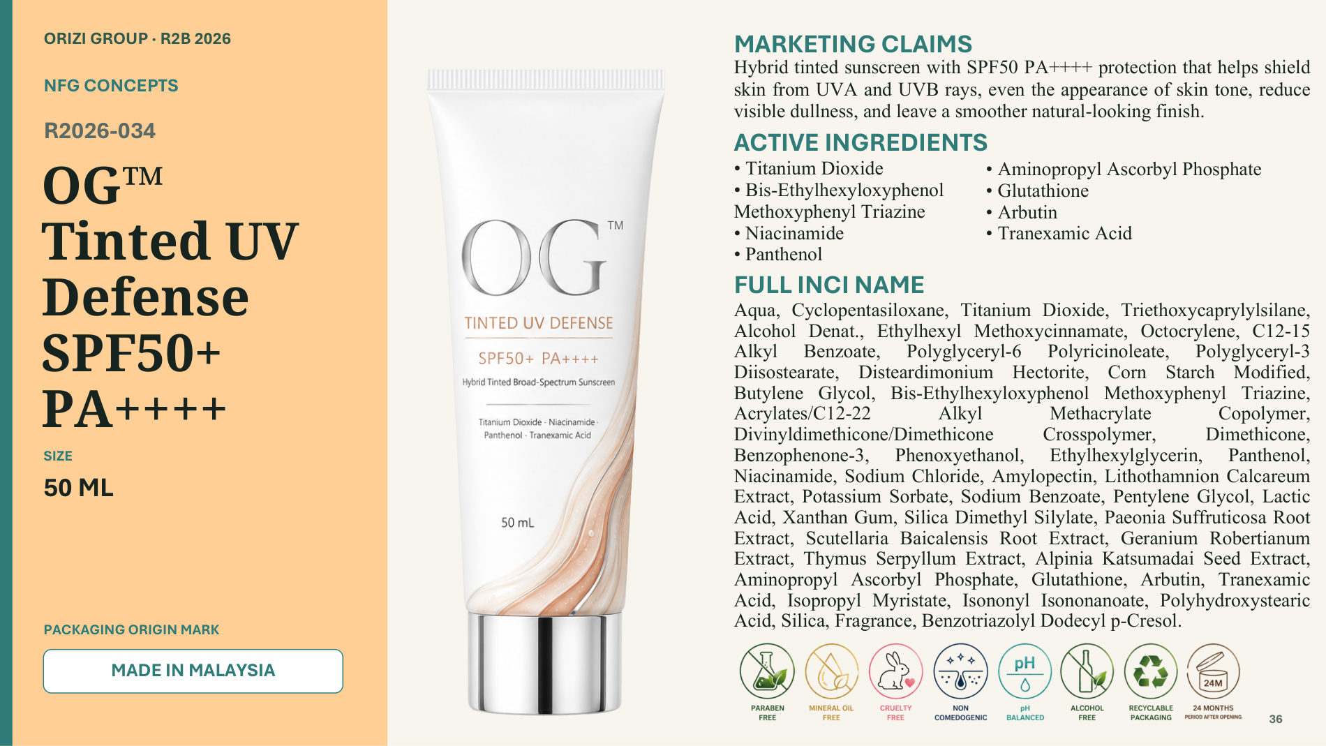 Tinted UV Defense SPF50+ PA++++ 50ml - R2B ready-to-brand product sheet, ORIZI Group Malaysia