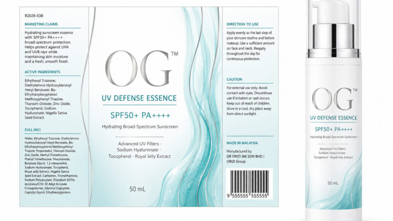 UV Defense Essence SPF50+ PA++++ 50ml - ready-to-brand packaging and label layout, OEM private label Malaysia