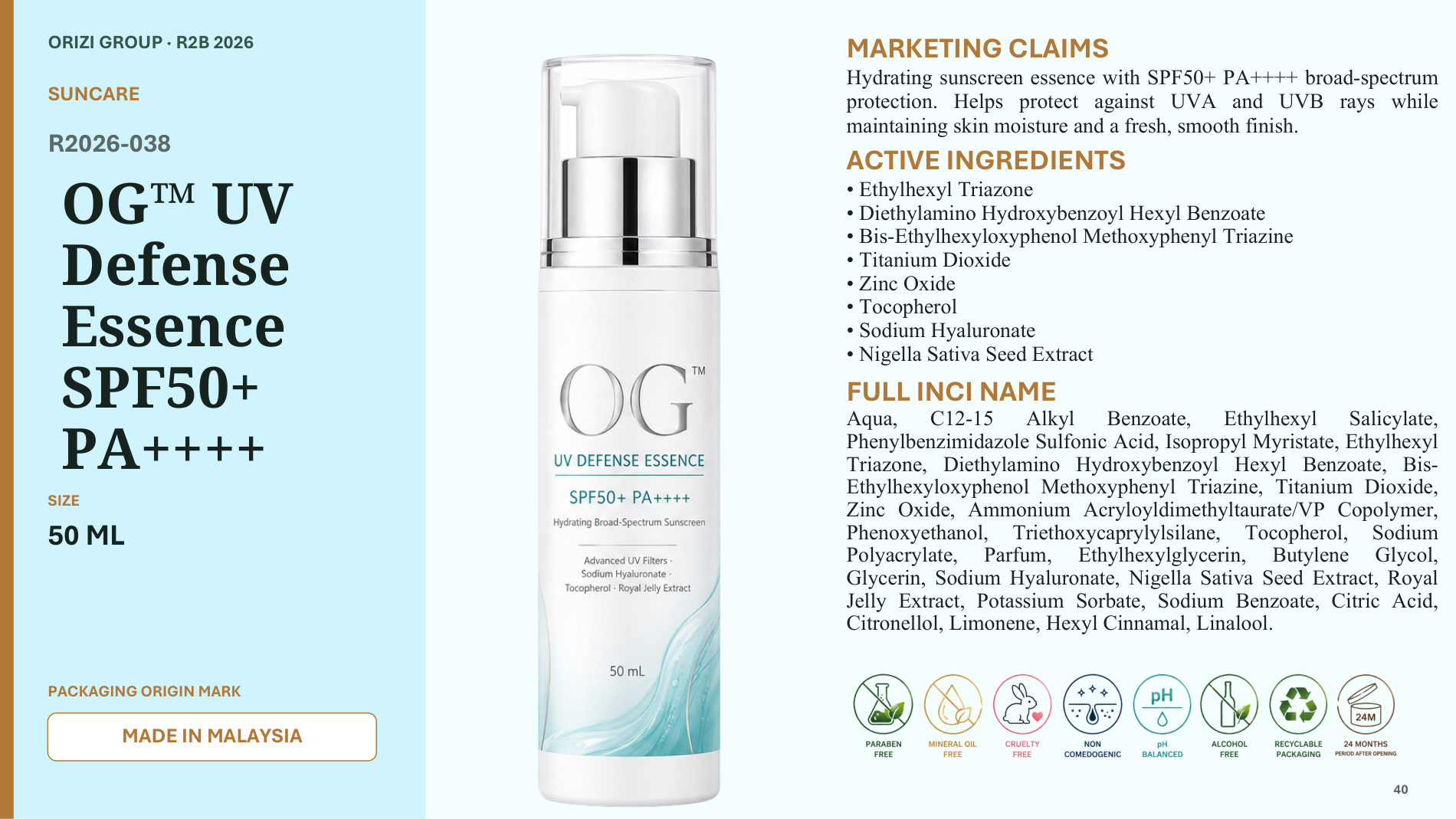 UV Defense Essence SPF50+ PA++++ 50ml - R2B ready-to-brand product sheet, ORIZI Group Malaysia