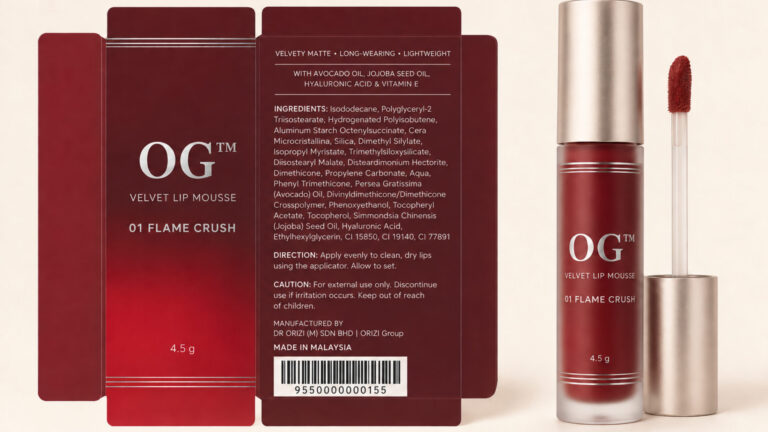 Velvet Lip Mousse 01 – Flame Crush 4.5g - ready-to-brand packaging and label layout, OEM private label Malaysia