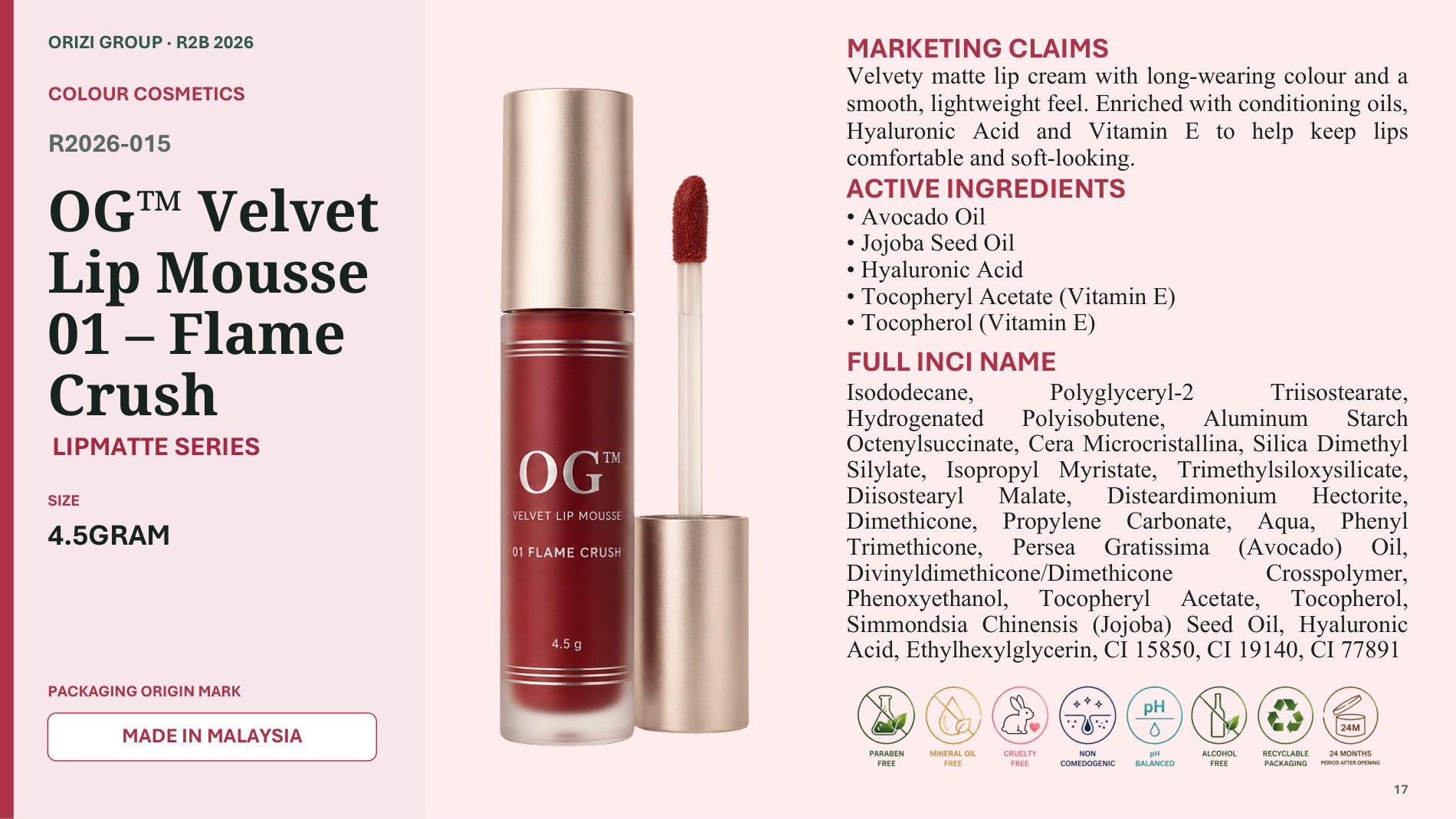 Velvet Lip Mousse 01 – Flame Crush 4.5g - R2B ready-to-brand product sheet, ORIZI Group Malaysia