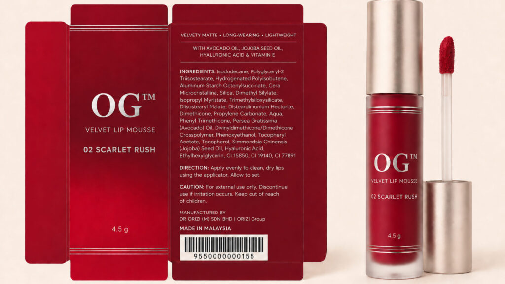 Velvet Lip Mousse 02 – Scarlet Rush 4.5g - ready-to-brand packaging and label layout, OEM private label Malaysia