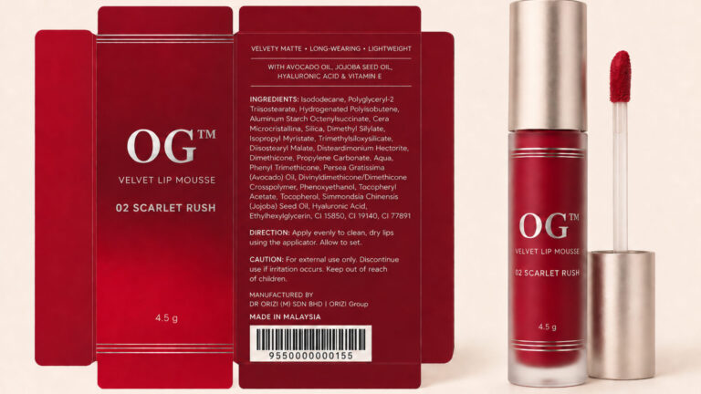 Velvet Lip Mousse 02 – Scarlet Rush 4.5g - ready-to-brand packaging and label layout, OEM private label Malaysia