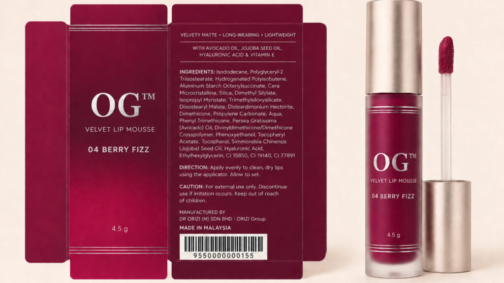 Velvet Lip Mousse 04 – Berry Fizz 4.5g - ready-to-brand packaging and label layout, OEM private label Malaysia