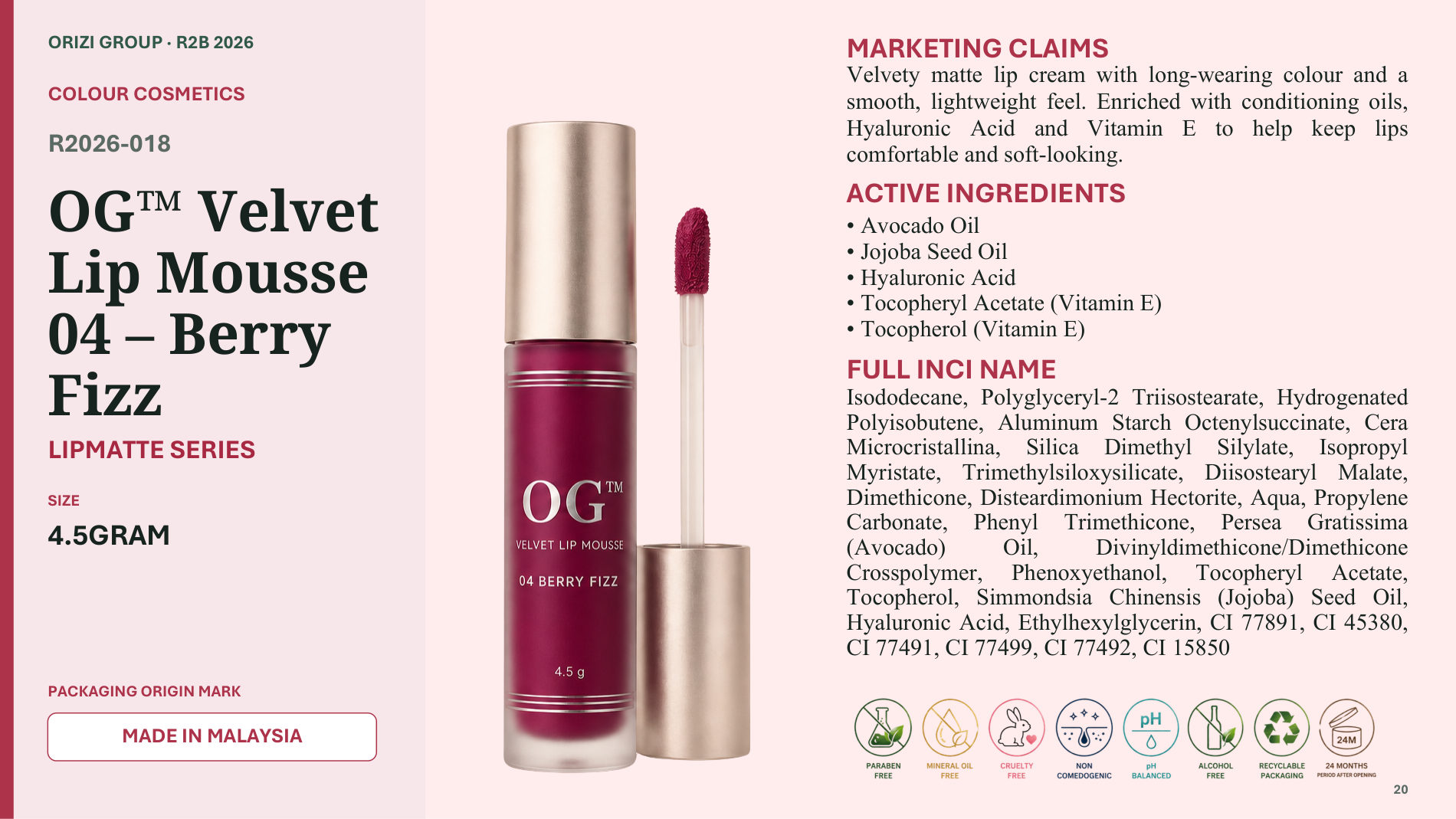 Velvet Lip Mousse 04 – Berry Fizz 4.5g - R2B ready-to-brand product sheet, ORIZI Group Malaysia
