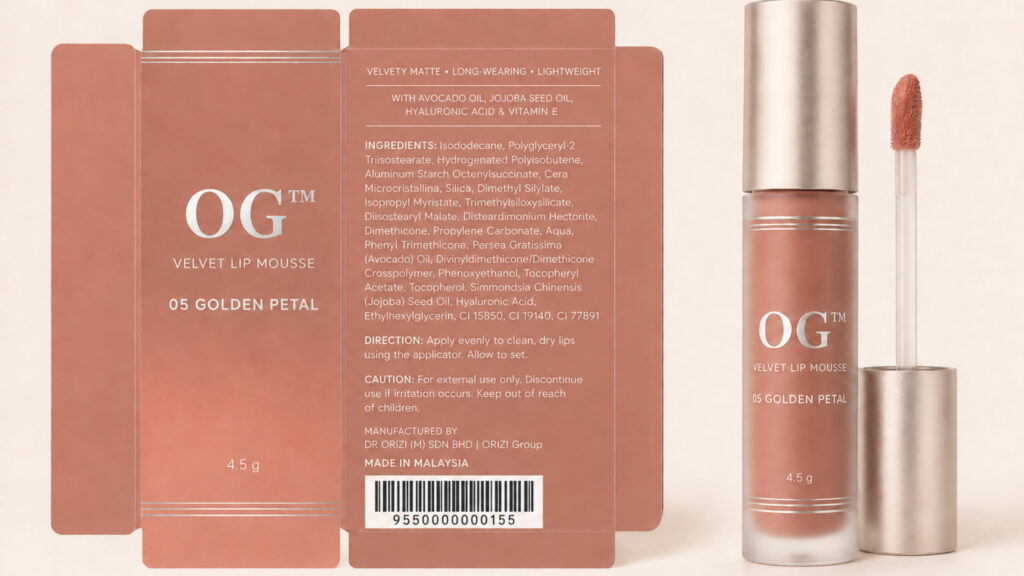 Velvet Lip Mousse 05 – Golden Petal 4.5g - ready-to-brand packaging and label layout, OEM private label Malaysia