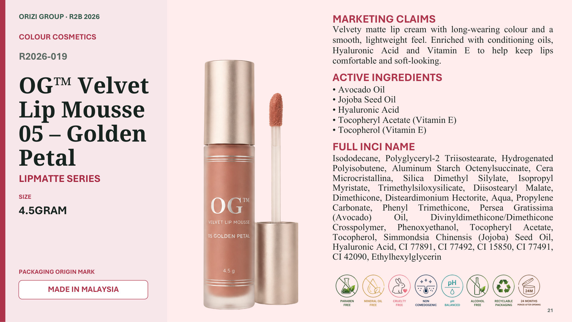 Velvet Lip Mousse 05 – Golden Petal 4.5g - R2B ready-to-brand product sheet, ORIZI Group Malaysia