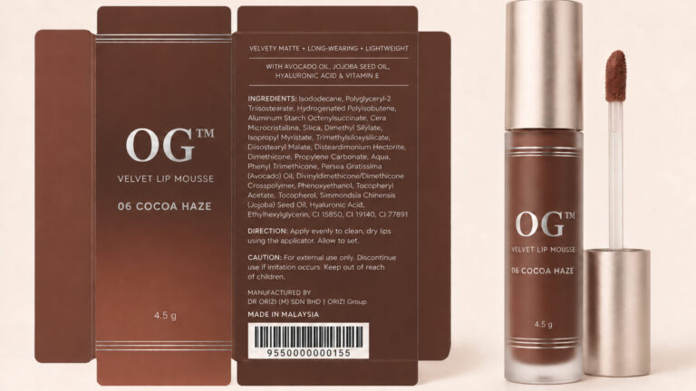 Velvet Lip Mousse 06 – Cocoa Haze 4.5g - ready-to-brand packaging and label layout, OEM private label Malaysia