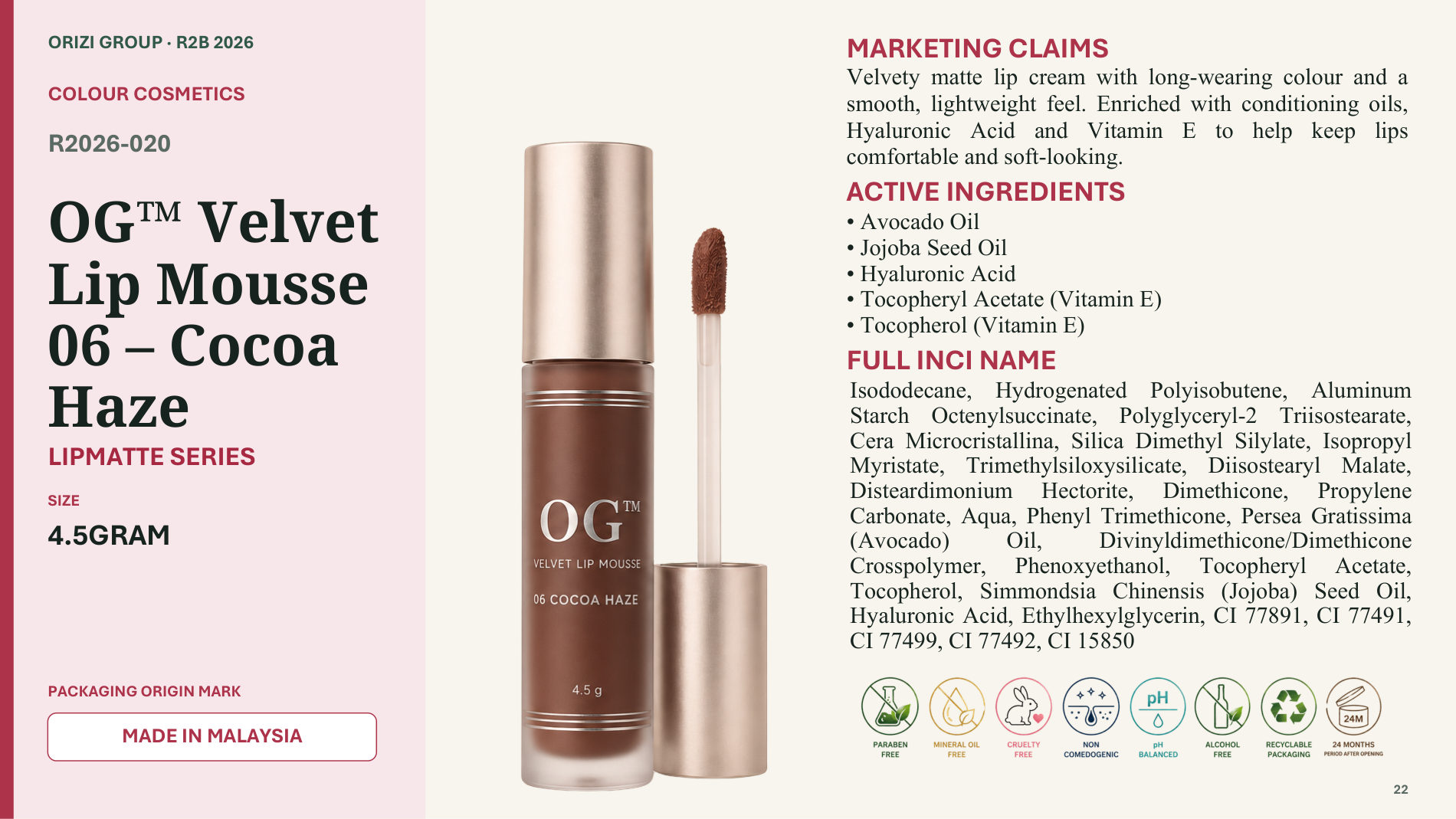 Velvet Lip Mousse 06 – Cocoa Haze 4.5g - R2B ready-to-brand product sheet, ORIZI Group Malaysia