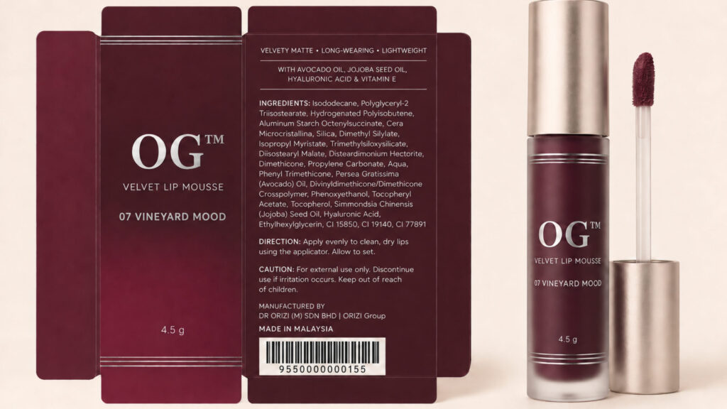 Velvet Lip Mousse 07 – Vineyard Mood 4.5g - ready-to-brand packaging and label layout, OEM private label Malaysia