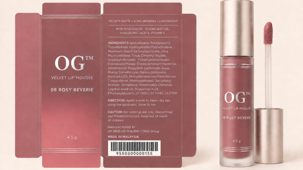 Velvet Lip Mousse 08 – Rosy Reverie 4.5g - ready-to-brand packaging and label layout, OEM private label Malaysia