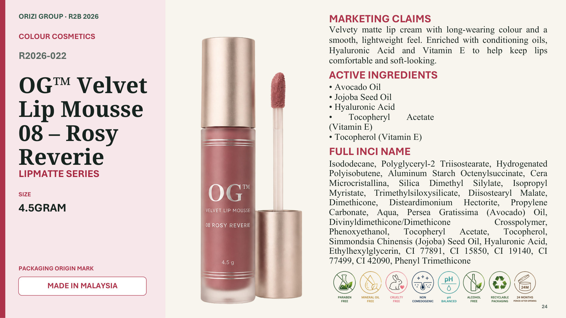 Velvet Lip Mousse 08 – Rosy Reverie 4.5g - R2B ready-to-brand product sheet, ORIZI Group Malaysia