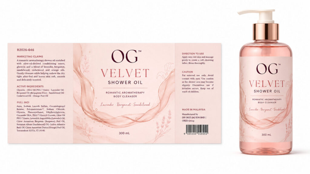 Velvet Shower Oil 300ml - ready-to-brand packaging and label layout, OEM private label Malaysia
